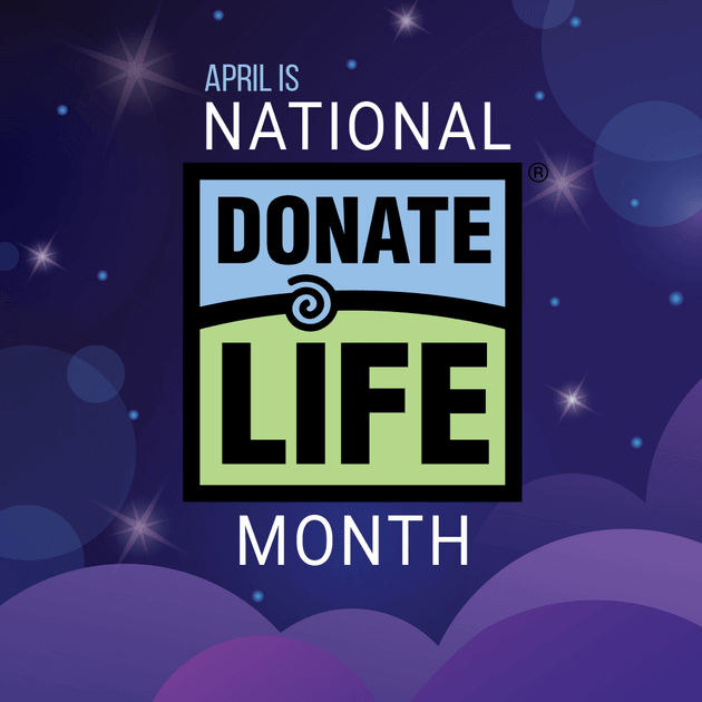 April is National Donate Life Month - A Donate Life Logo in front of a background of purple clouds and stars