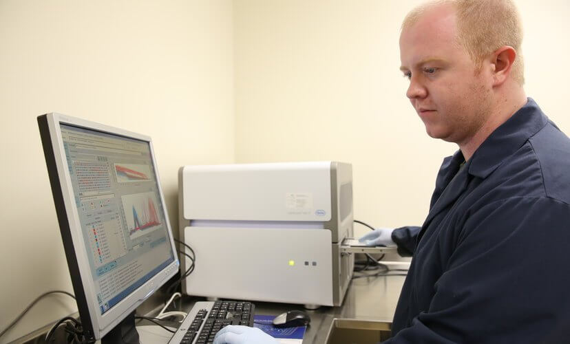 Lab technician at computer.