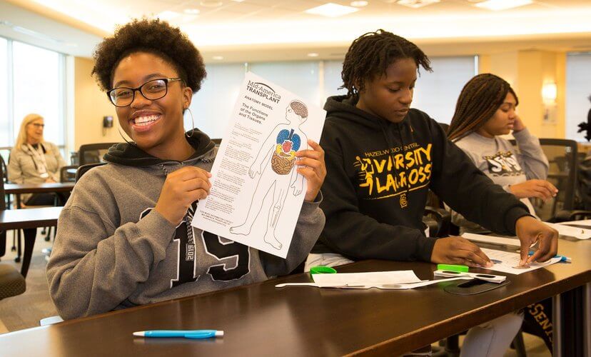 Students from the Hazelwood school district learn about organ and tissue donation at Mid-America Transplant.