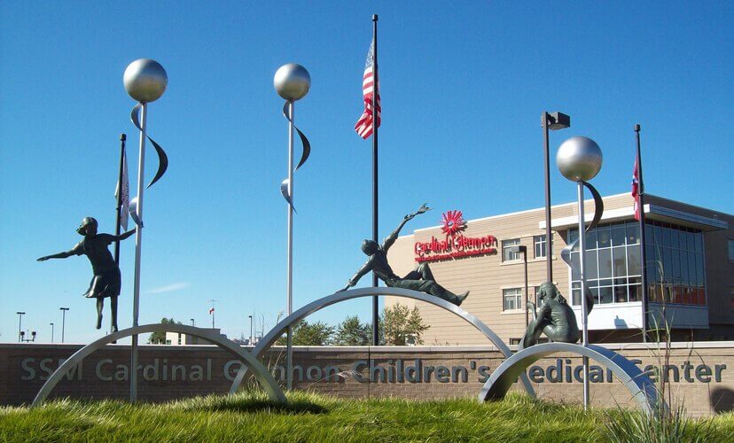 Kid statues outside of Cardinal Glennon Children's Hospital