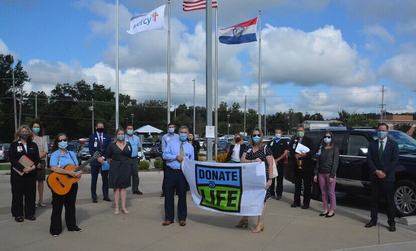 Mercy Hospital Jefferson held a flag raising ceremony, adding the Donate Life flag.