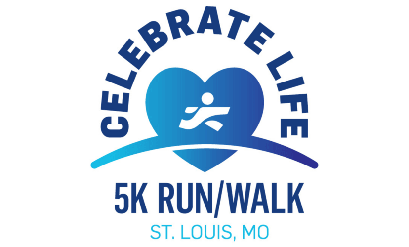 A human-like figure runs across a blue arch with a large blue heart in the background. Text reads "Celebrate Life 5k Run/Walk, St. Louis, MO"