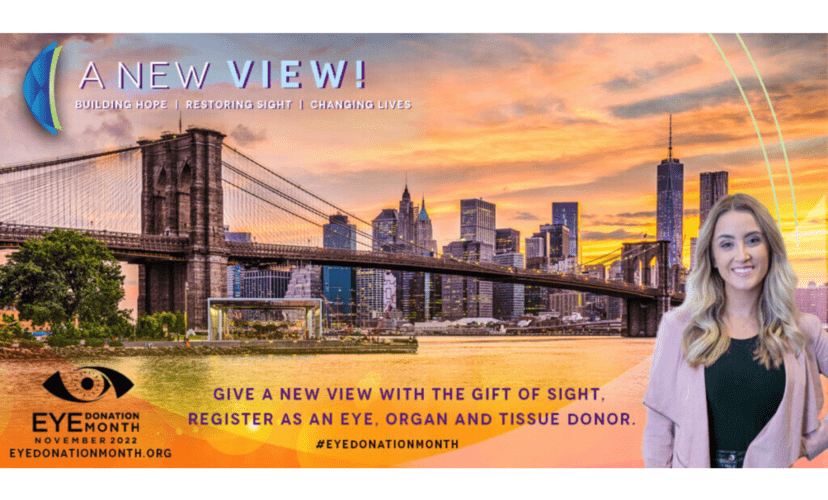 Eye Donation Month: A New View! A blonde woman poses against the background of a city at sunset.