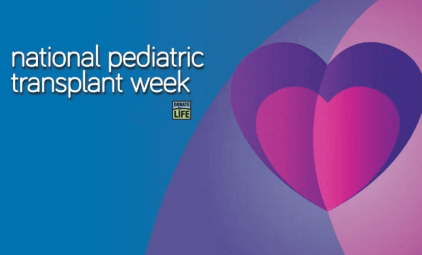 National Pediatric Transplant Week - Pink and purple hearts on a blue background