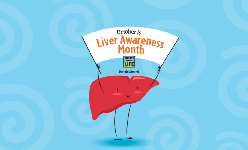 An anthropomorphic liver holds up a sign that reads "October is Liver Awareness Month"