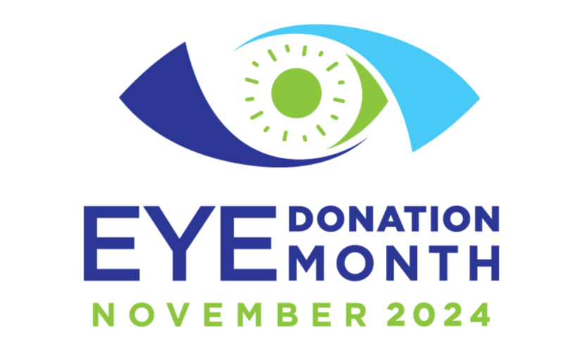 A white background with text: Eye Donation Month - November 2024. There is a logo of a green and blue eye make from curved triangular/geometric shapes. The center of the eye looks like a green sun.