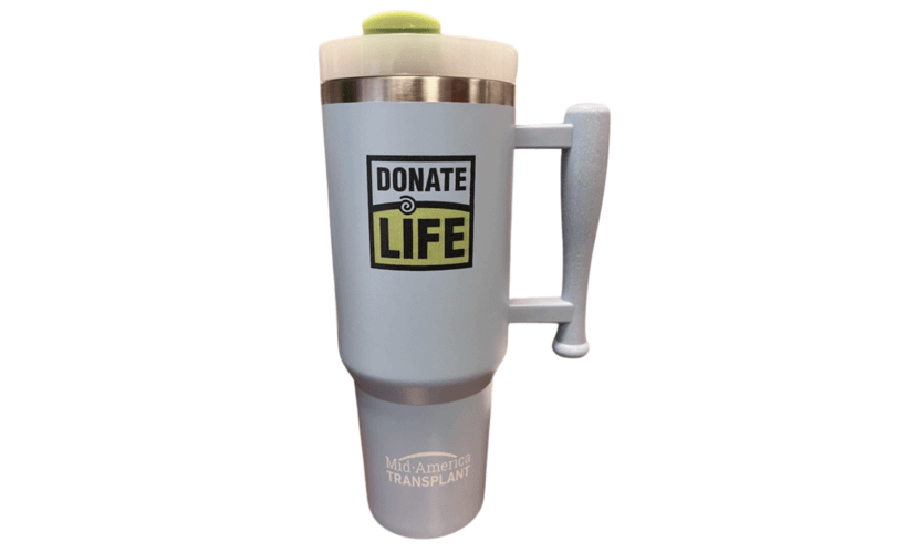 A light blue tumbler featuring the Donate Life logo and the Mid-America Transplant logo.