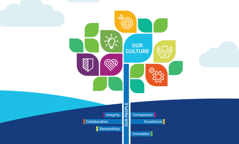Graphic of a tree. The trunk says "Our People" and branches featuring core values come off of it. Leaves say "Our Culture" and feature icons representing the six values.