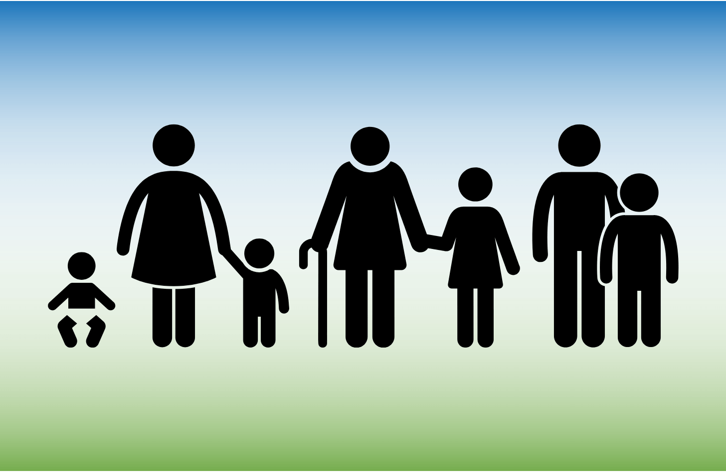 Stick figure icons representing various age groups set against a blue and green background