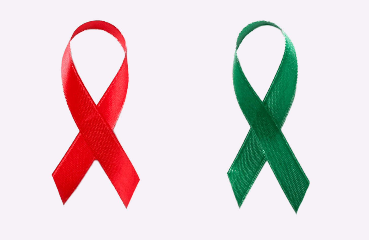 A red ribbon representing HIV awareness and a green ribbon representing organ donation and transplant awareness