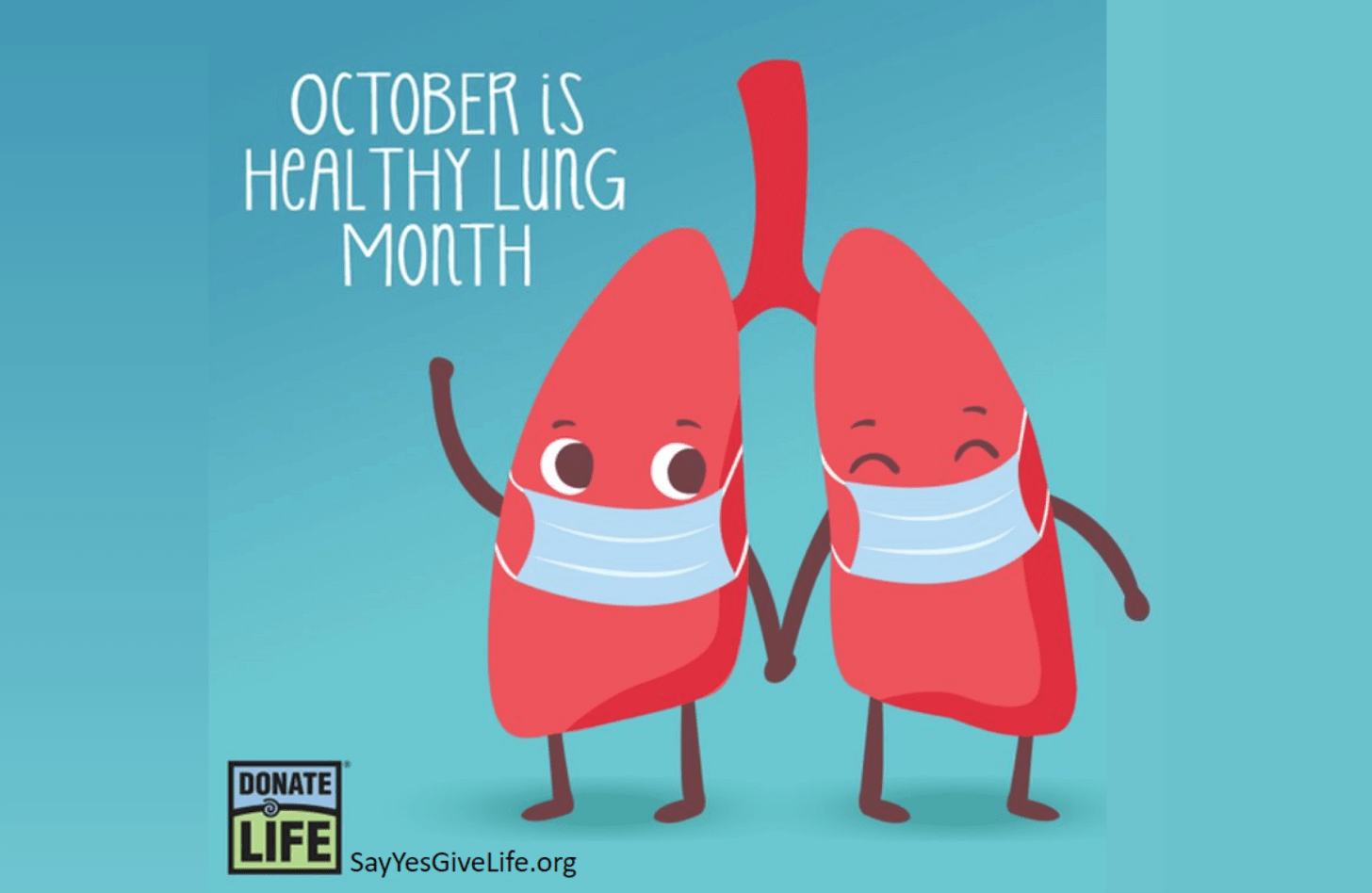 A pair of cartoon lungs holding hands and wearing masks against a teal background.