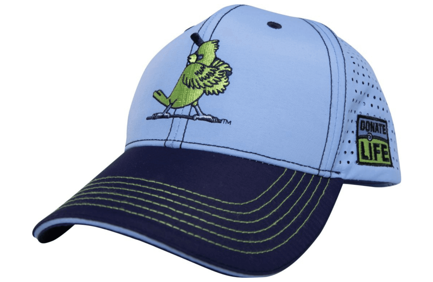 The 2024 Donate Life Day game promo hat. Light blue with dark blue brim. Features a green cardinal holding a baseball bat.