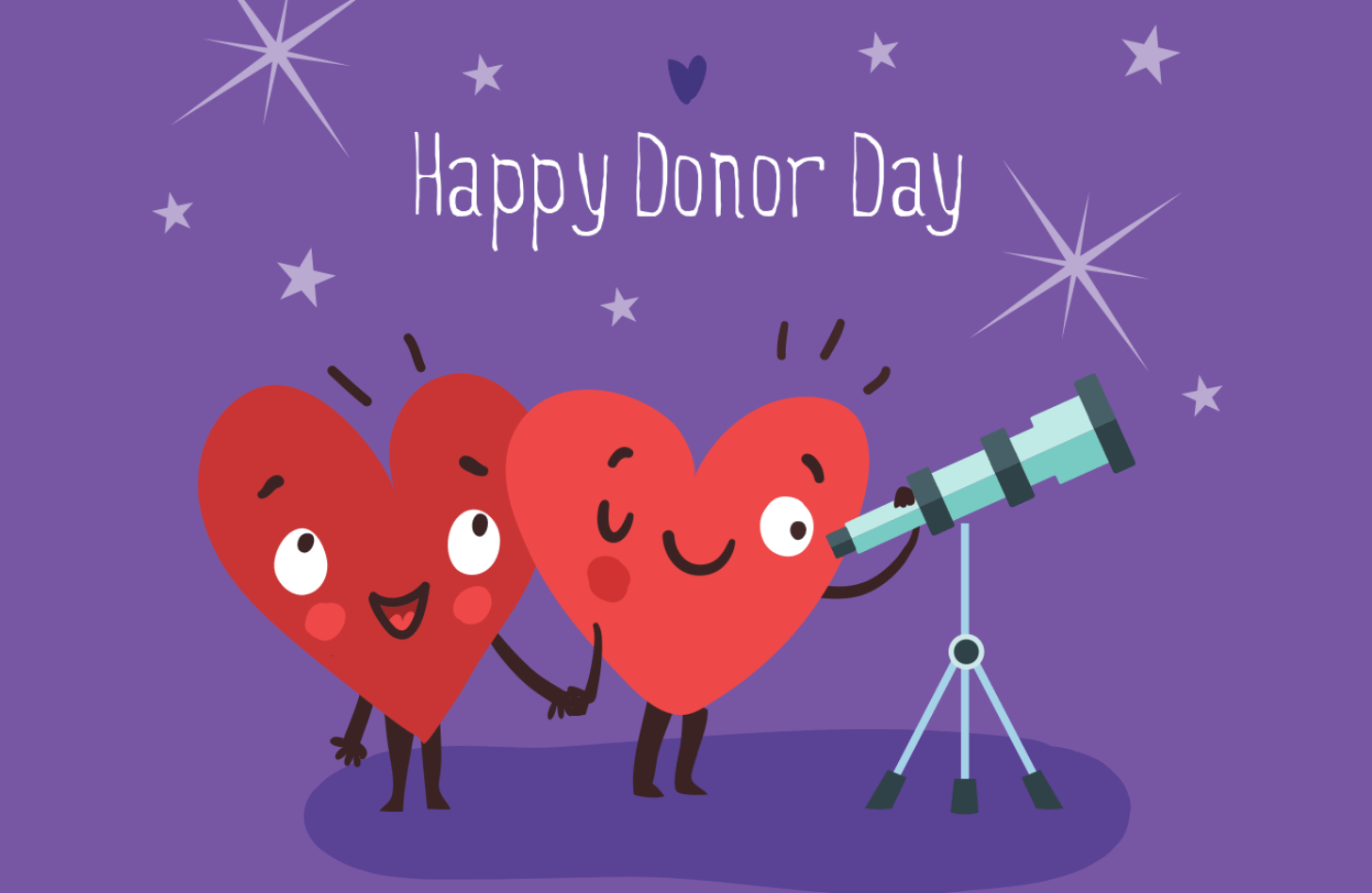Two anthropomorphic hearts look at the night sky through a telescope. Text reads "Happy Donor Day"
